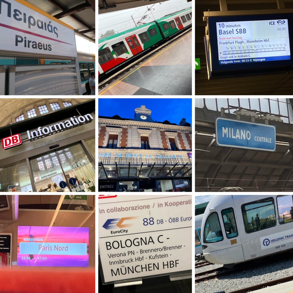 Collage van stations en treinen in Europa. Te zien zijn Milaan, Piraeus, Bologna, Paris Nord, Brive en een informatieloket van de Deutsche Bahn.